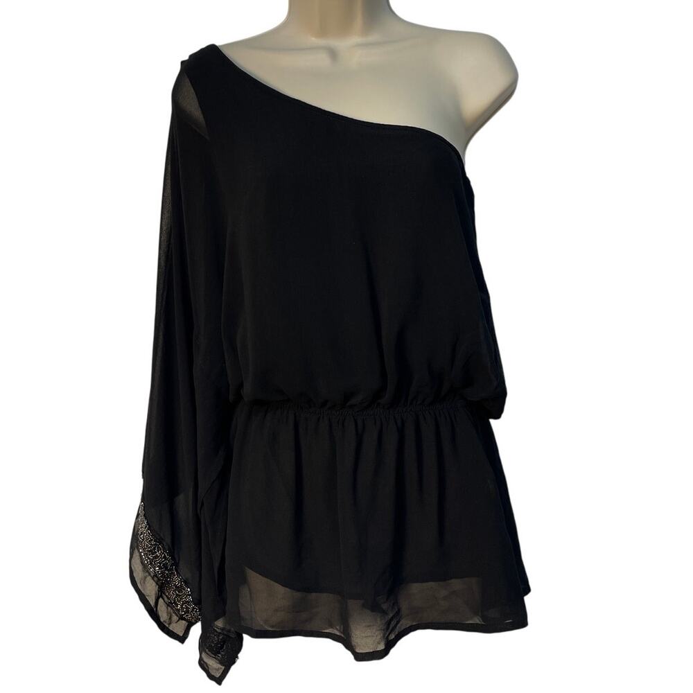 Black One Shoulder Long Sheer Split Sleeve Cinch Waist Blouse Embellished‎ Cuff